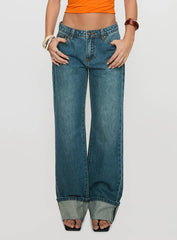 Toros Mid Rise Wide Leg Foldover Denim Jeans Mid Blue