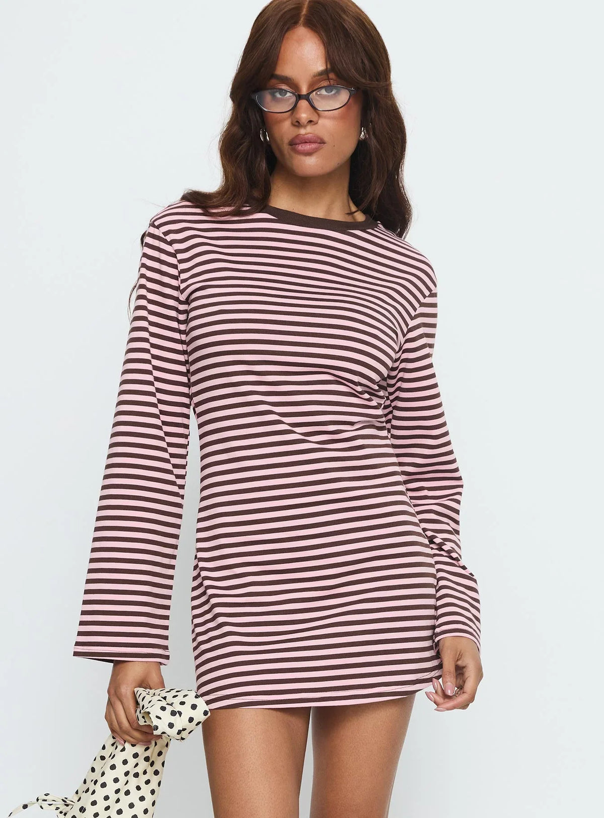 Lulolah Long Sleeve Mini Dress Chocolate Pink Stripe