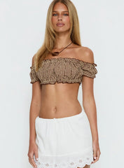 We Cant Stop Ruched Strapless Top Brown Gingham