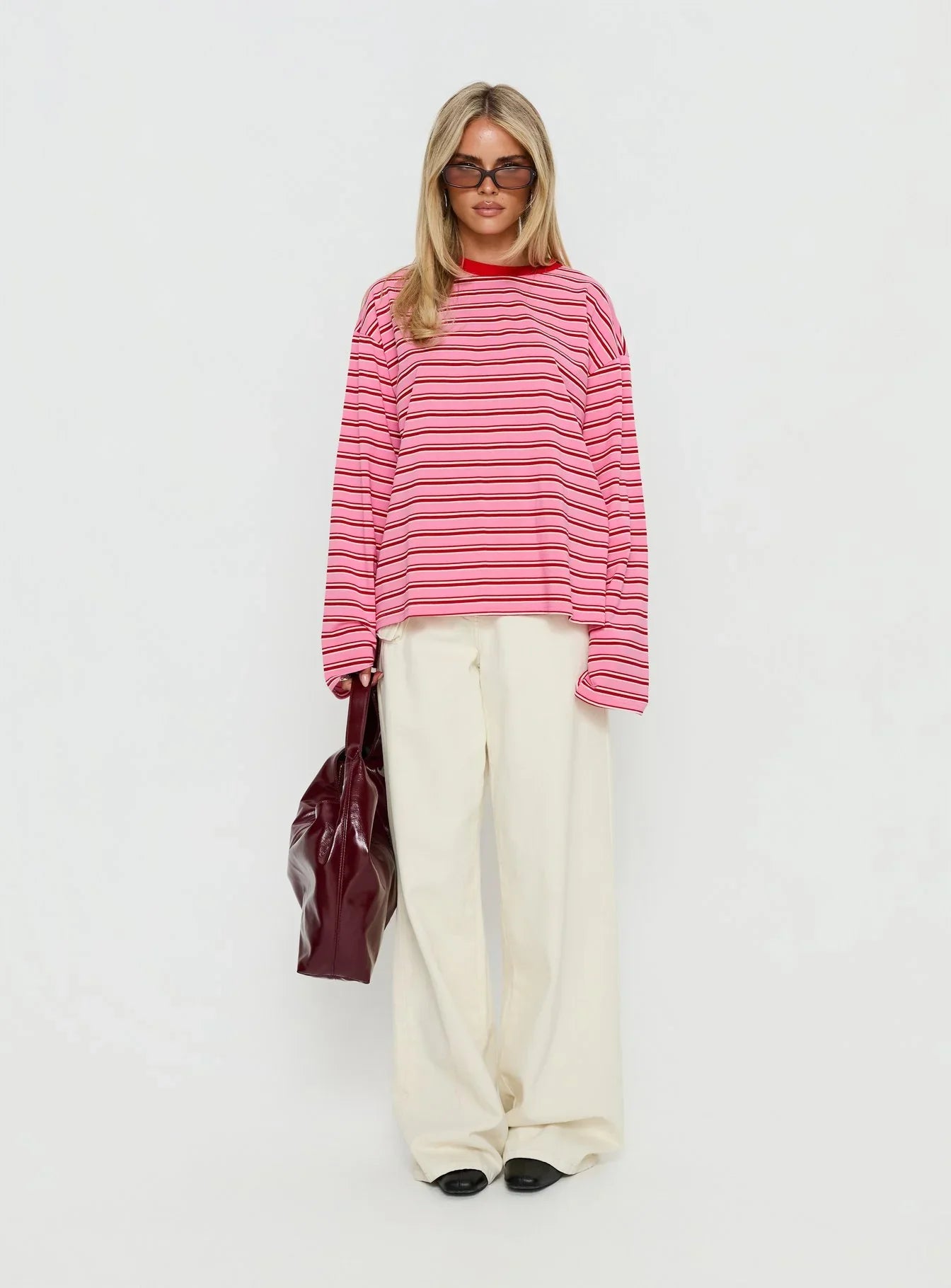 Settle Down Long Sleeve Top Pink Red Stripe
