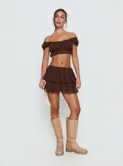 Ackee Ruched Off Shoulder Top Brown