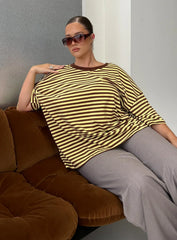 Settle Down Short Sleeve Top Yellow Brown Stripe Curve