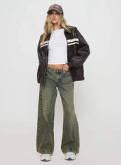 Goldsmith Faux Leather Bomber Jacket Chocolate White