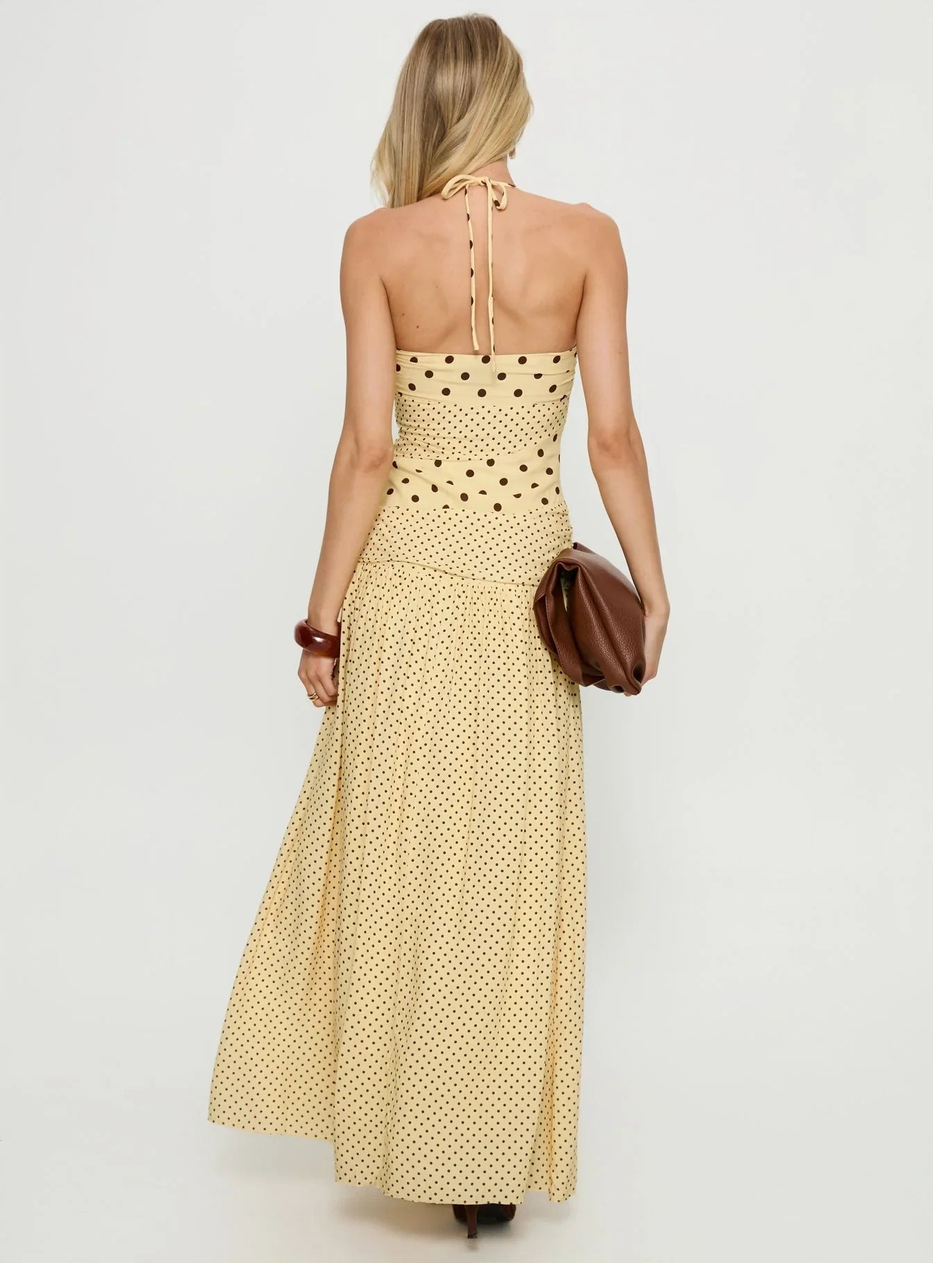 Marguerite Halter Maxi Dress Lemon Brown Polka Dot