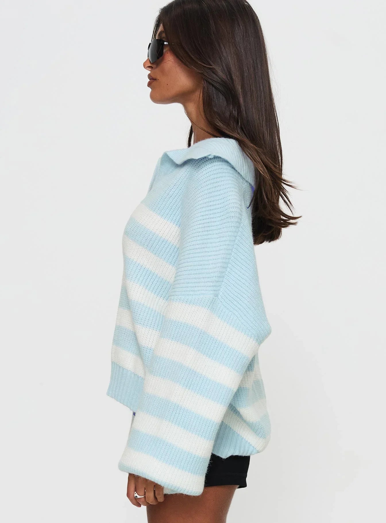 Carolena Long Sleeve Collared Knit Sweater Blue White Stripe