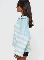 Carolena Long Sleeve Collared Knit Sweater Blue White Stripe