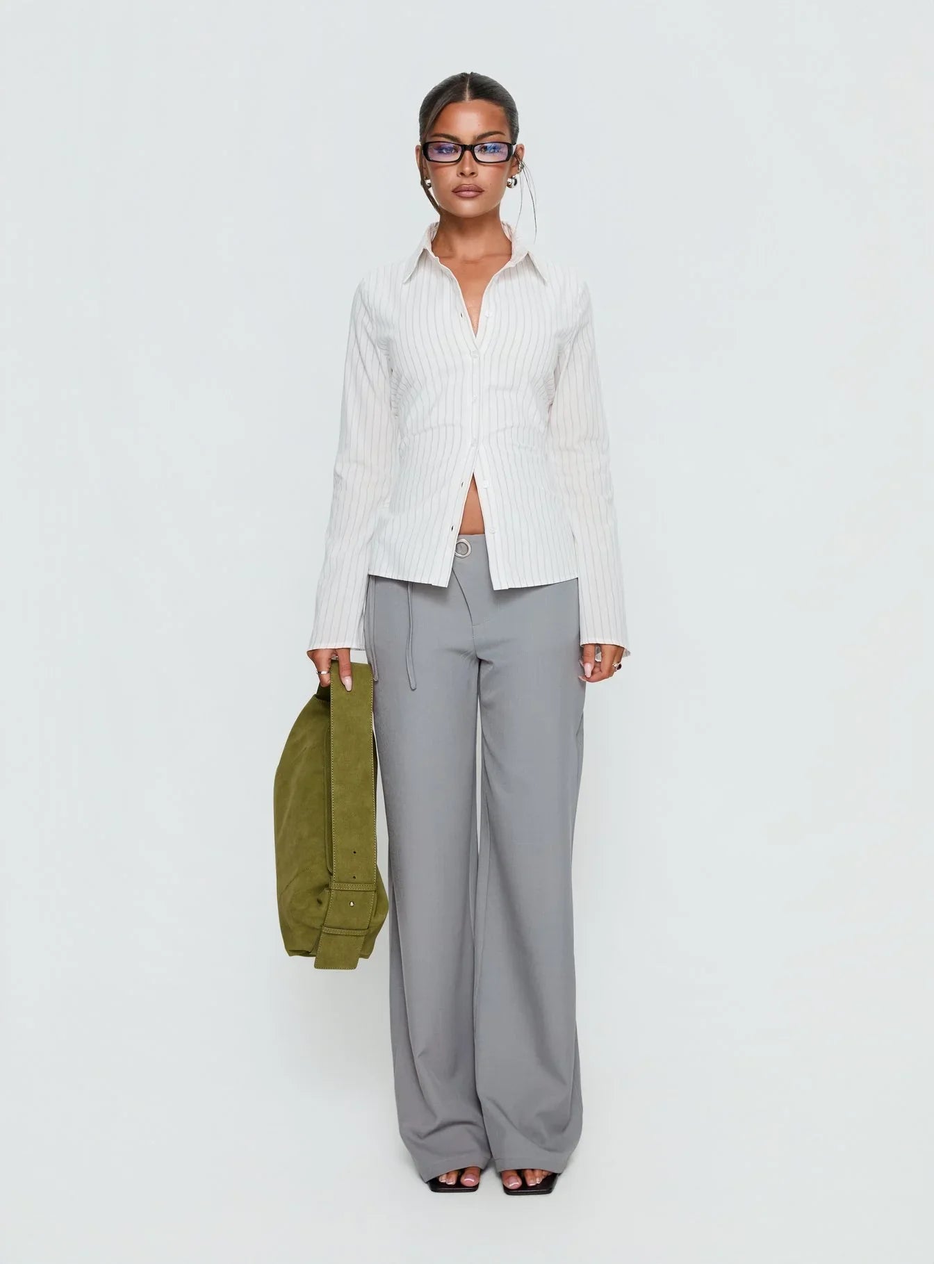 Eryx Tie Back Button Up Top White Pinstripe