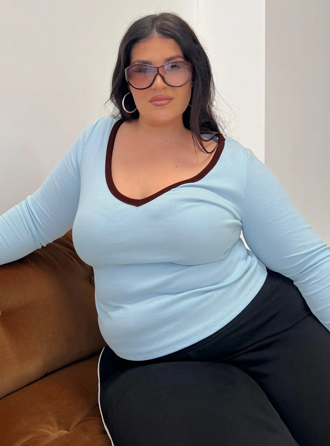 Baseline V Neck Long Sleeve Top Blue Brown Curve