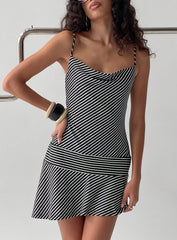 Laurela Asymmetrical Mini Dress Black White Stripe