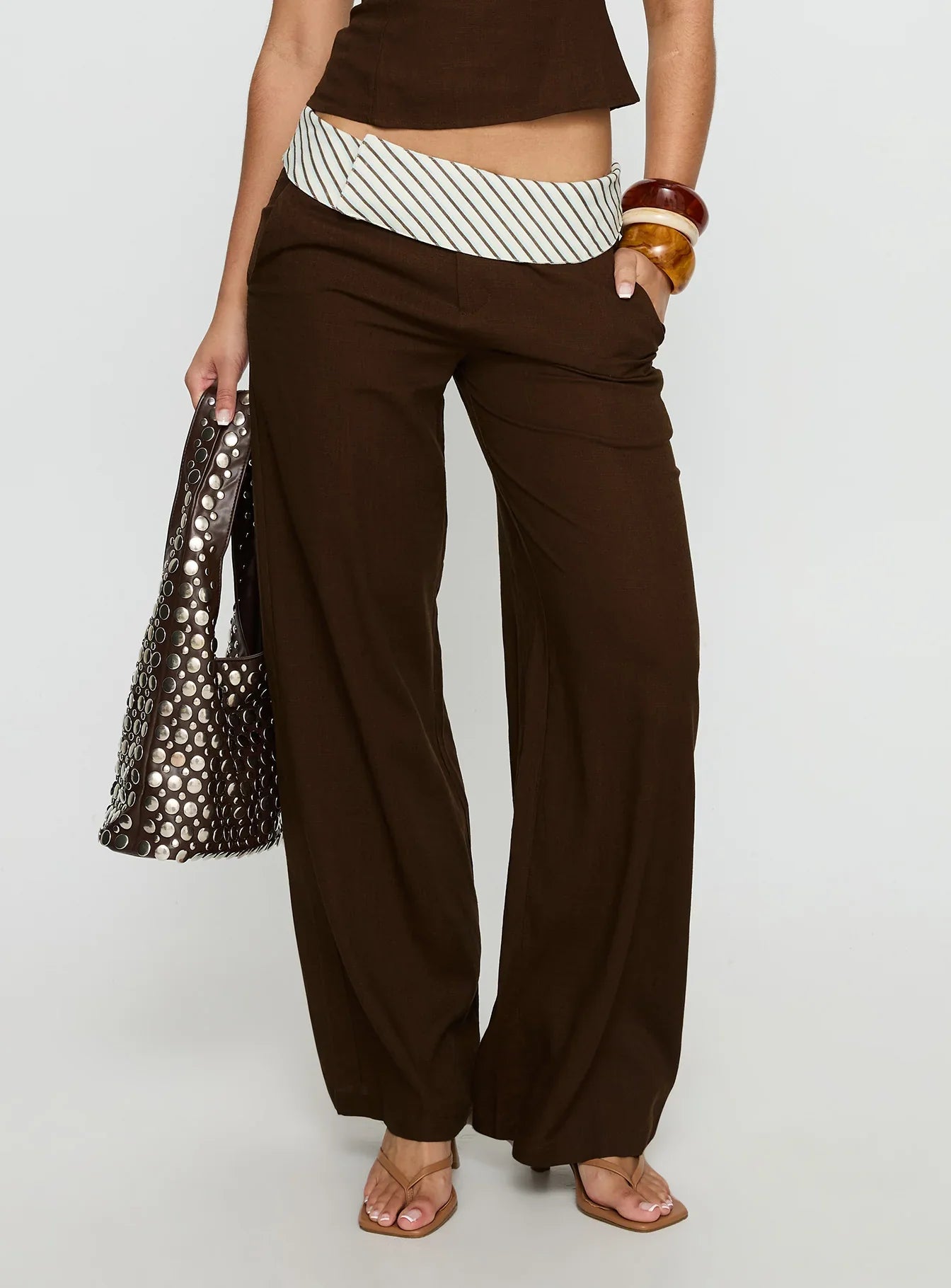 Past Life Fold Over Waistband Pant Brown Stripe