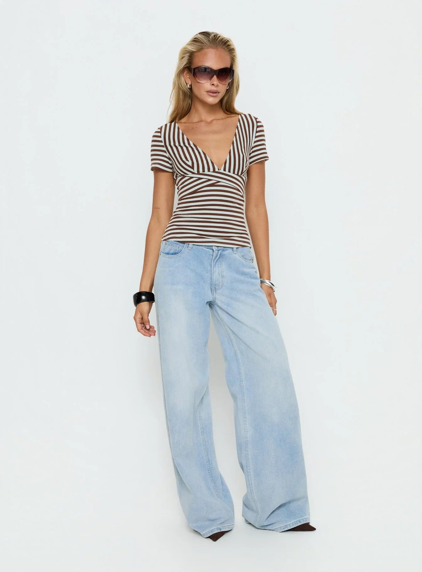 Madelon Short Sleeve Wrap Top Brown Blue Stripe