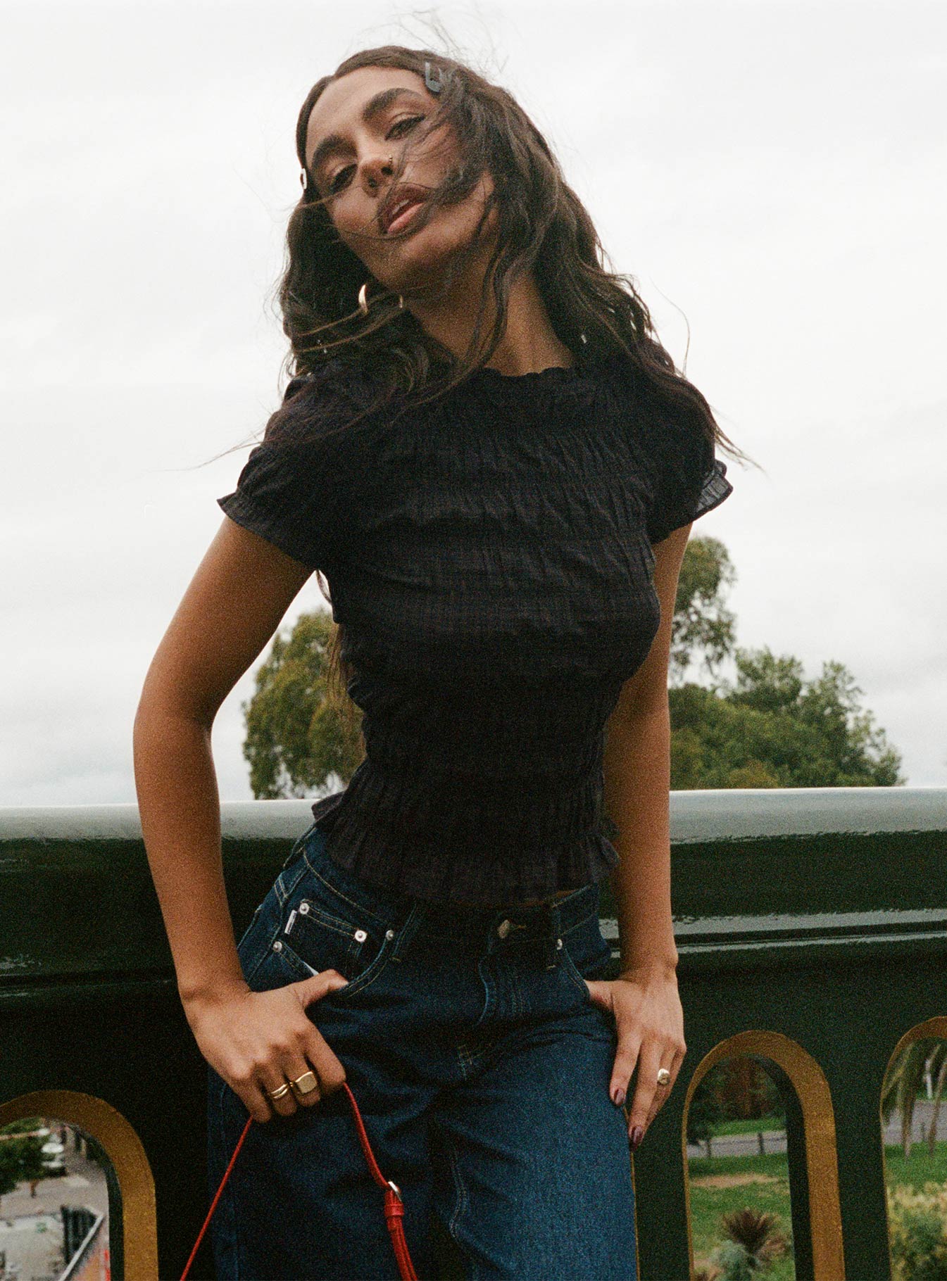 Romelle Shirred Top Black Brown Plaid