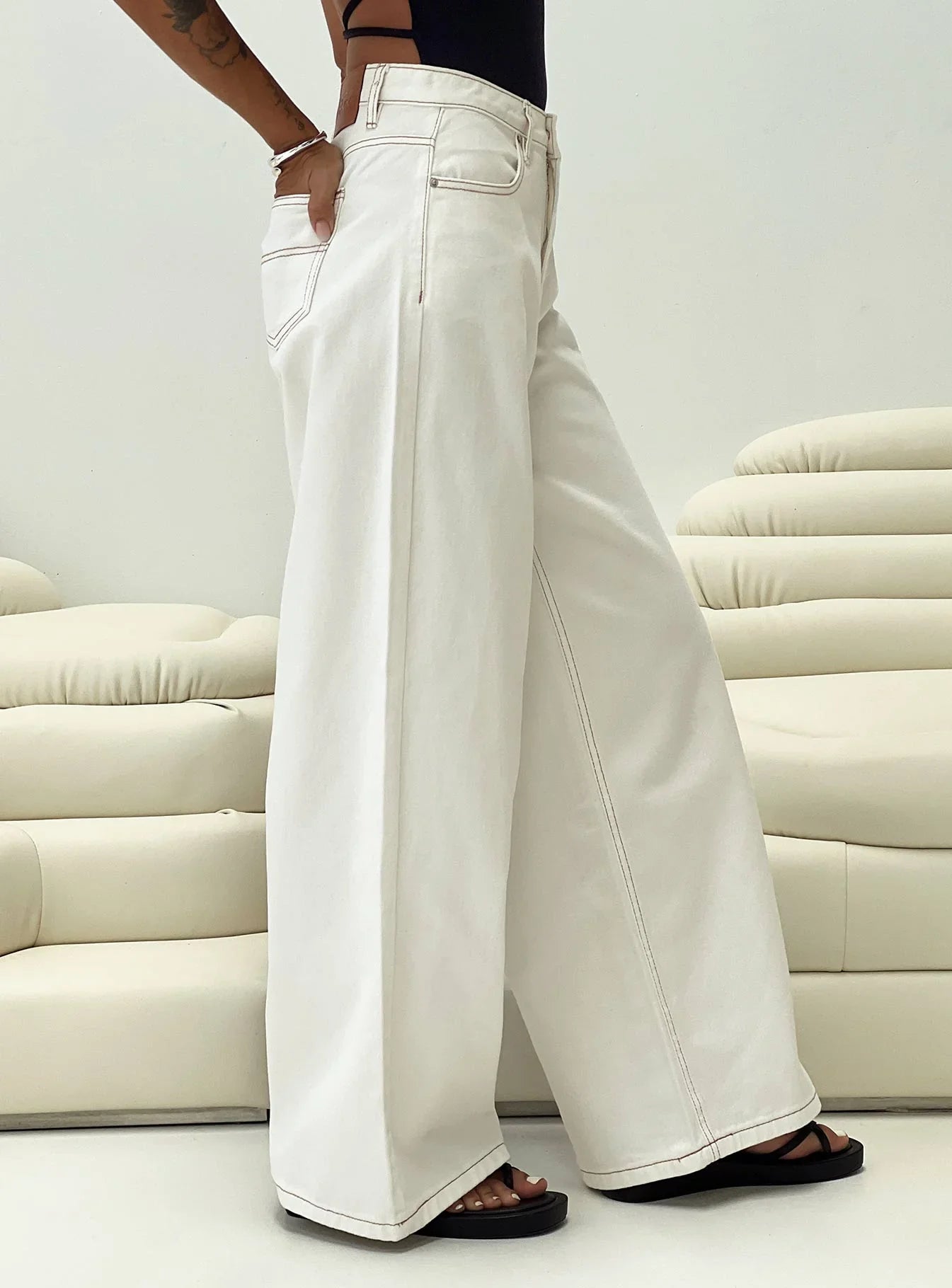 Naylor Mid Rise Wide Leg Jeans Cream