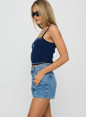 Tropicana Denim Eyelet Detail Shorts Mid Blue