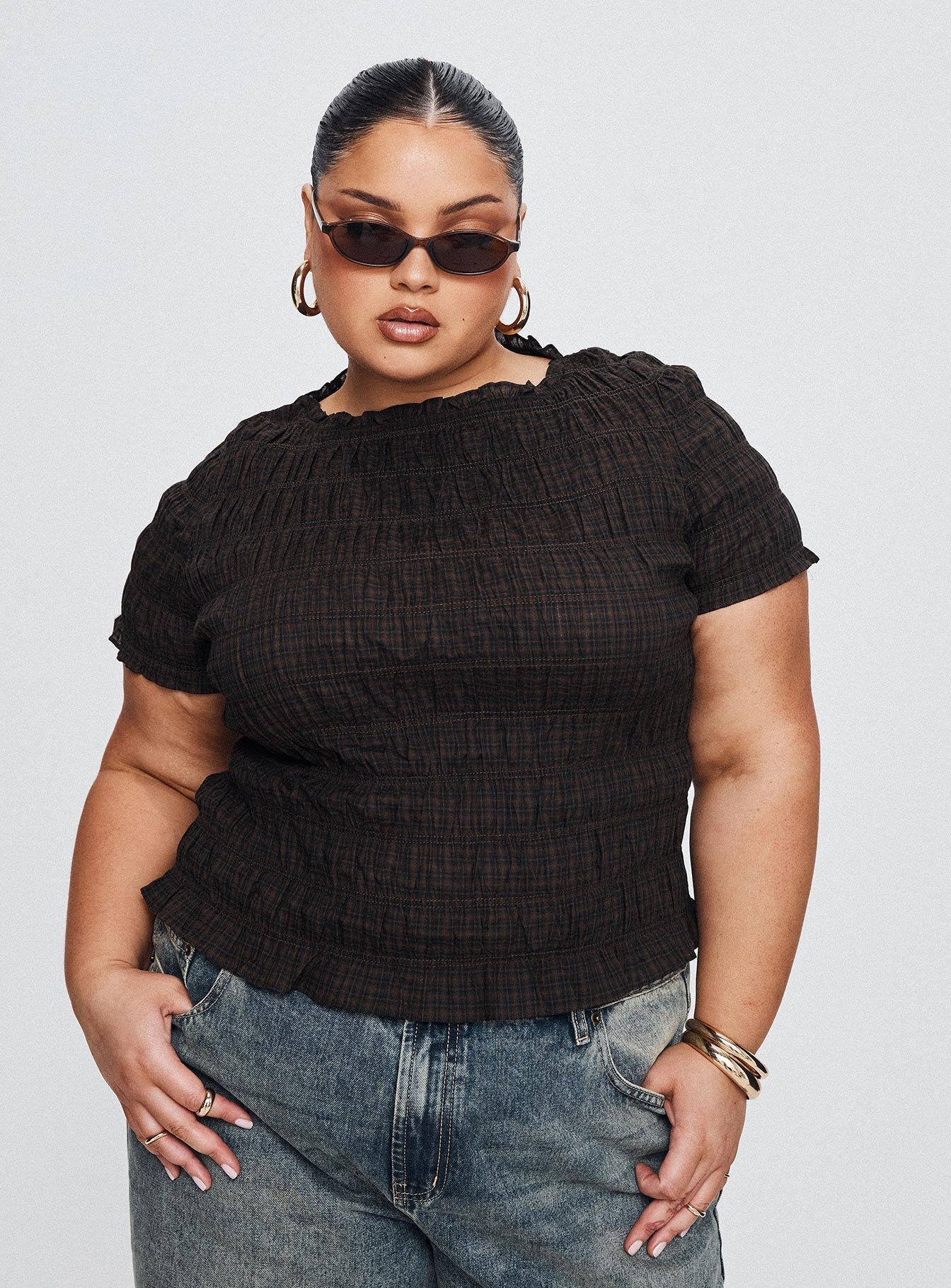 Romelle Shirred Top Black Brown Plaid