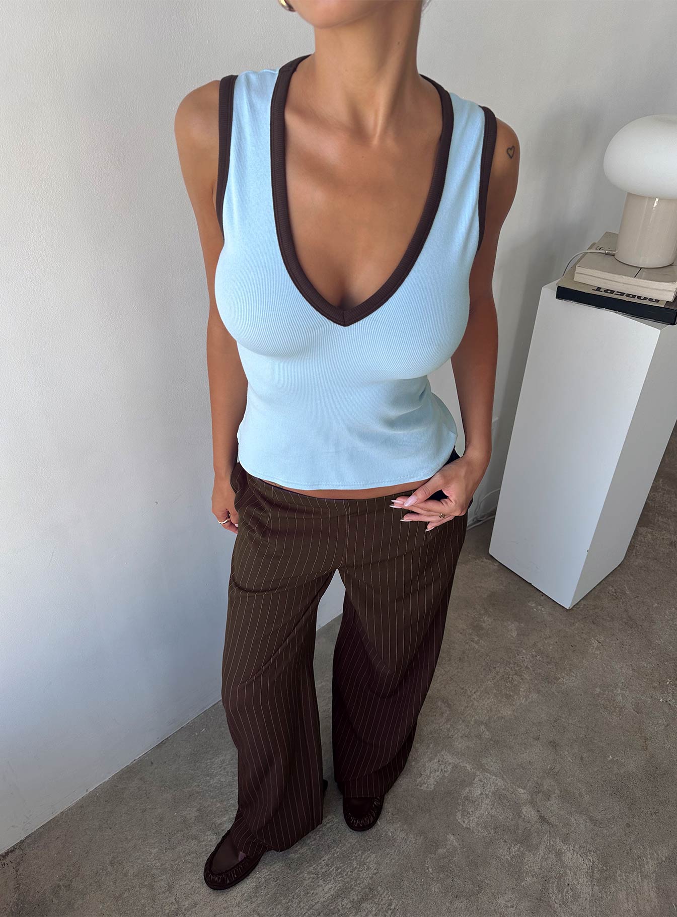 Baseline V Neck Rib Tank Top Blue Brown