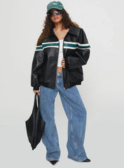 Goldsmith Faux Leather Bomber Jacket Black Green