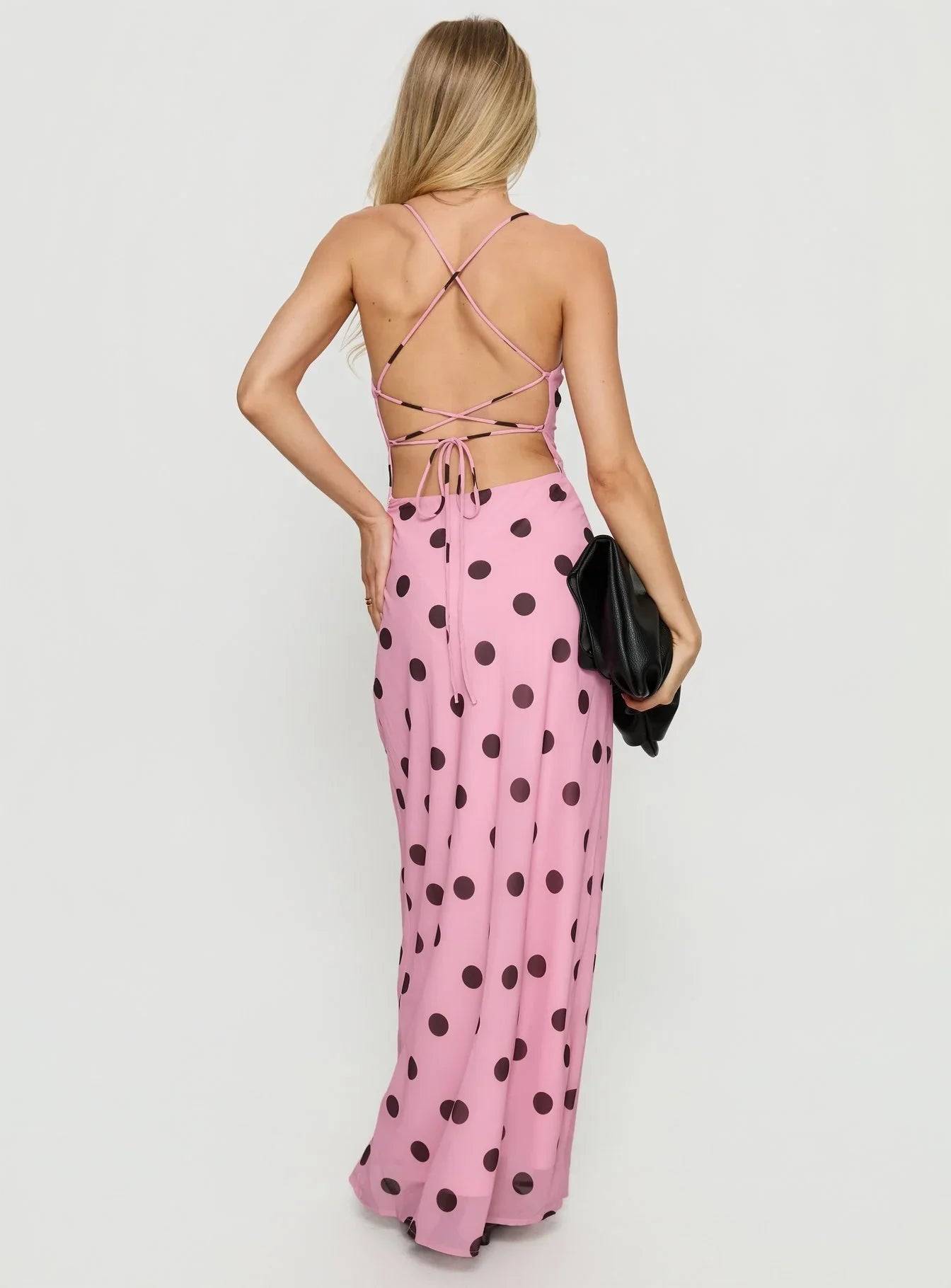 Celena Maxi Dress Pink Brown Polka Dot
