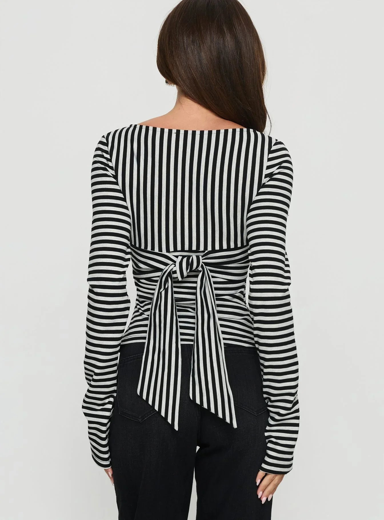 Madelon Long Sleeve Wrap Top Black Grey Stripe