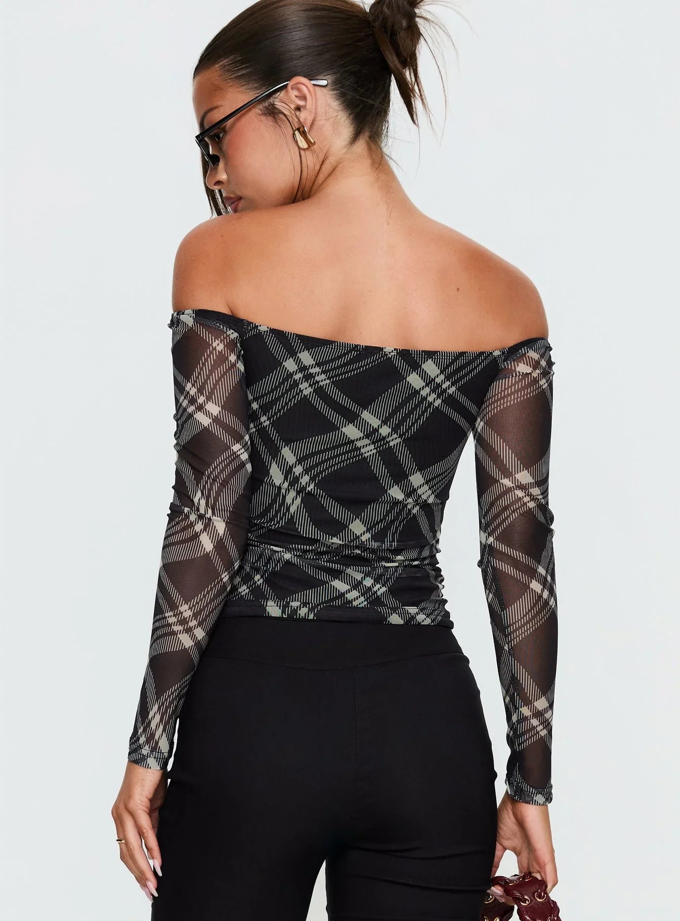Siarah Off Shoulder Long Sleeve Top Multi Check