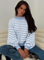 Harmony Balloon Sleeve Knit Sweater Blue White Stripe