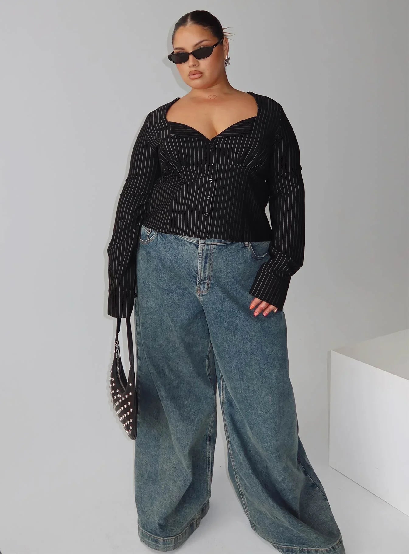 Set For Life Foldover Detail Long Sleeve Top Black White Pinstripe Curve