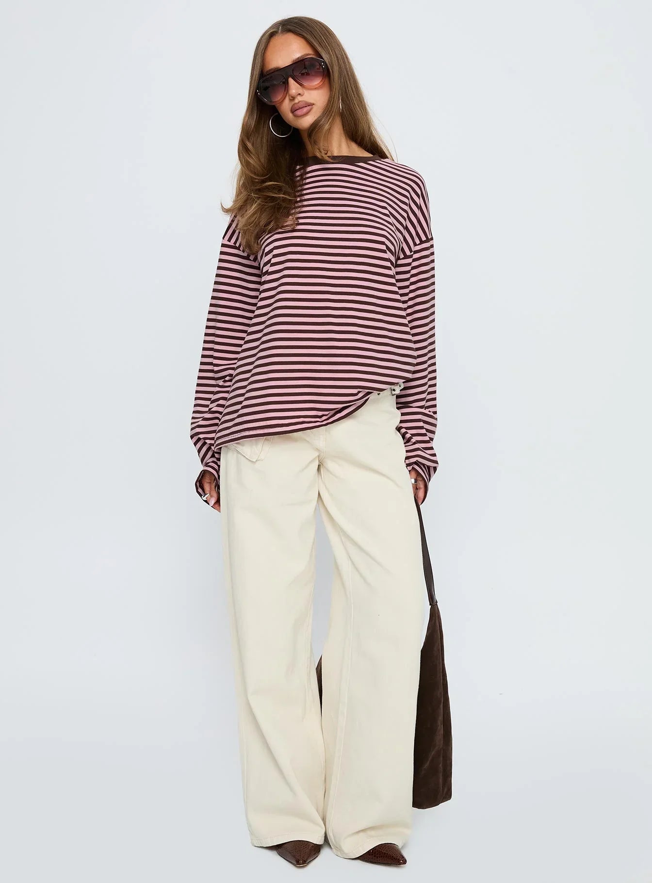 Settle Down Long Sleeve Top Pink Brown Stripe