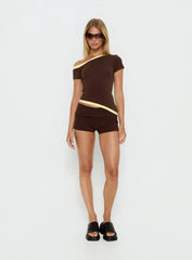 Eustace Off Shoulder Asymmetrical Top Brown Yellow