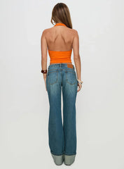 Toros Mid Rise Wide Leg Foldover Denim Jeans Mid Blue