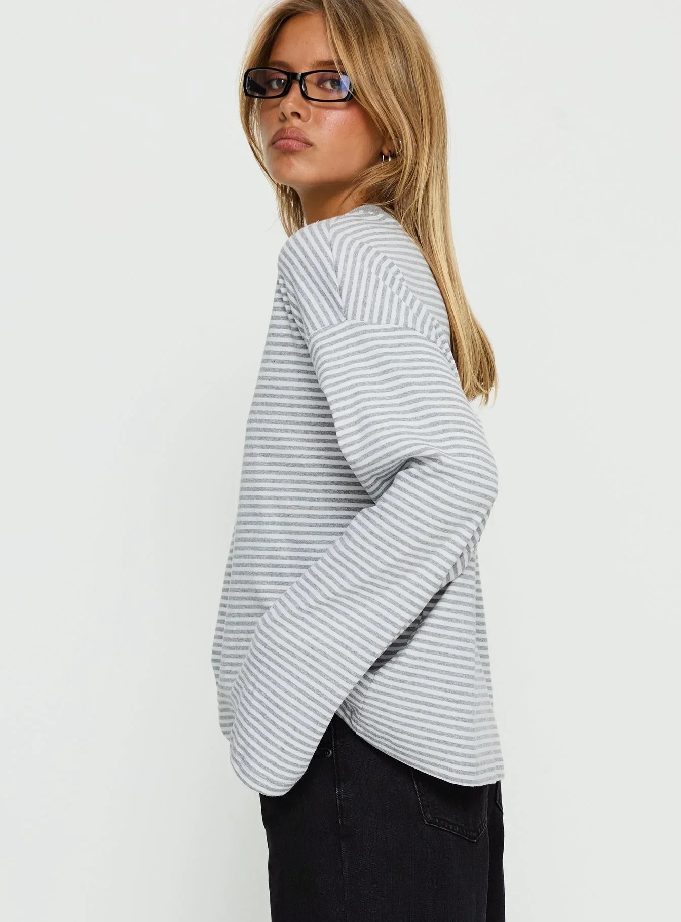 Settle Down Long Sleeve Top Grey White Stripe
