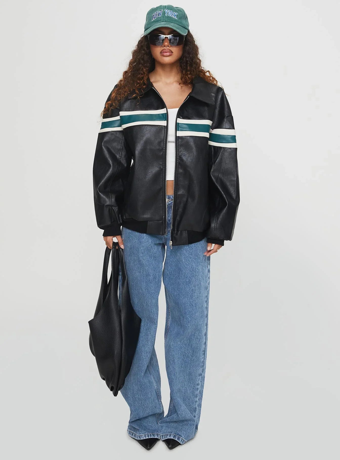 Goldsmith Faux Leather Bomber Jacket Black Green