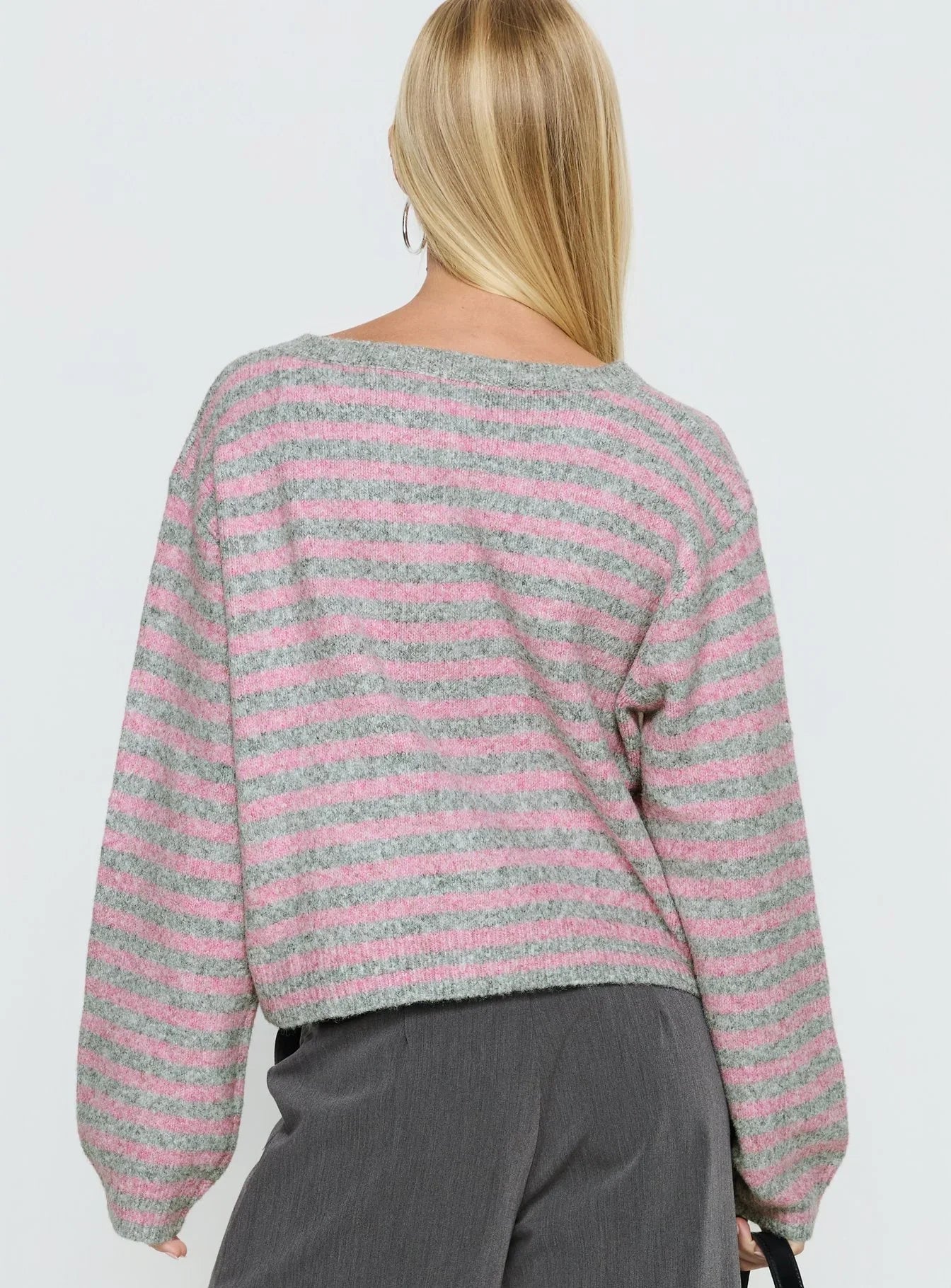 Raynna Button Up Cardigan Pink Grey Stripe