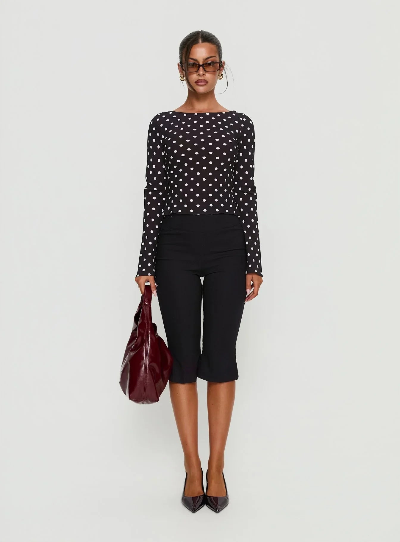 Lady Lady Long Sleeve Backless Top Black White Polka