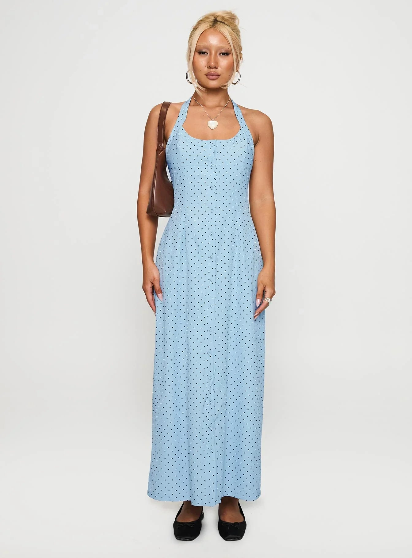 Mallorie Halter Maxi Dress Blue Black Polka