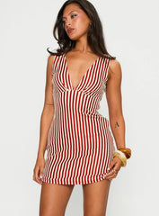 Daphney Plunge Mini Dress Red Cream
