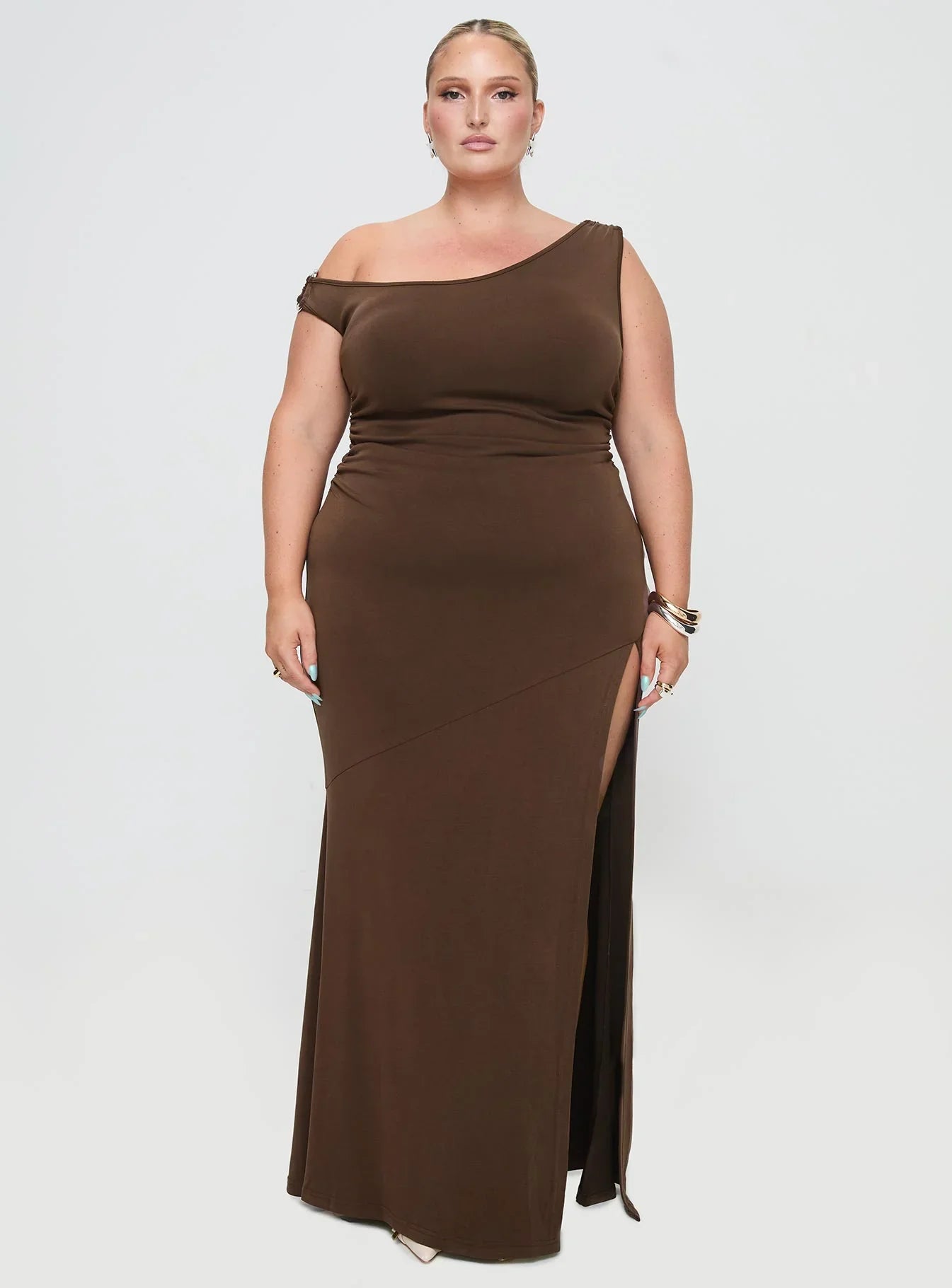 Rios One Shoulder Maxi Dress Brown Curve