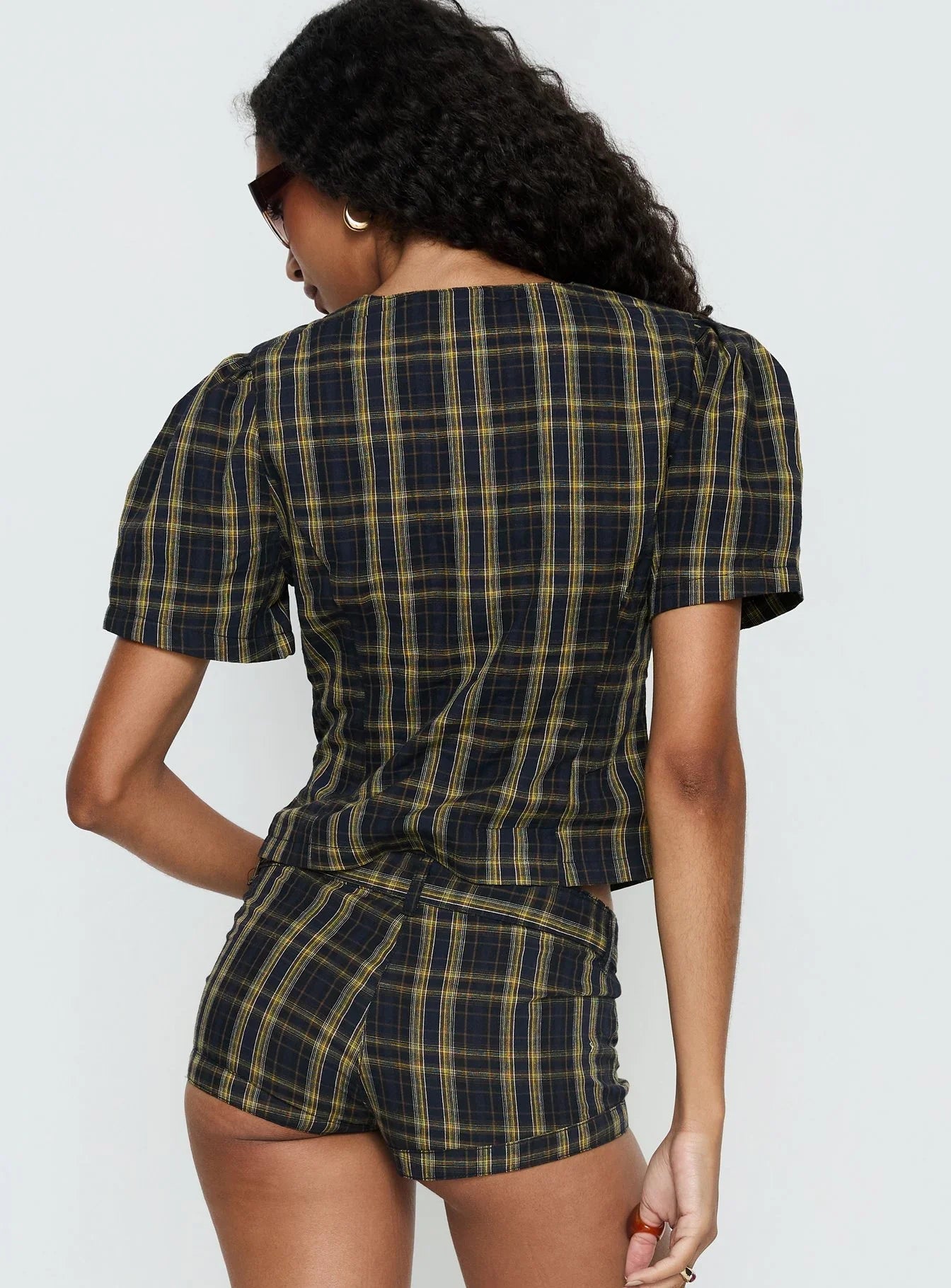 Femme Blouse Top Navy Lemon Plaid