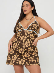 Mishie Halter Mini Dress Brown Blue Floral Curve