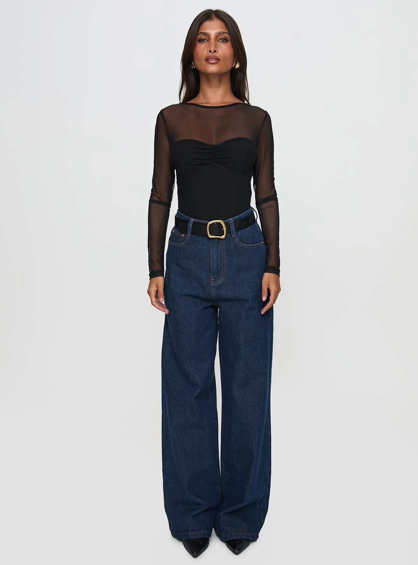 Delanee Mesh Detail Long Sleeve Bodysuit Black