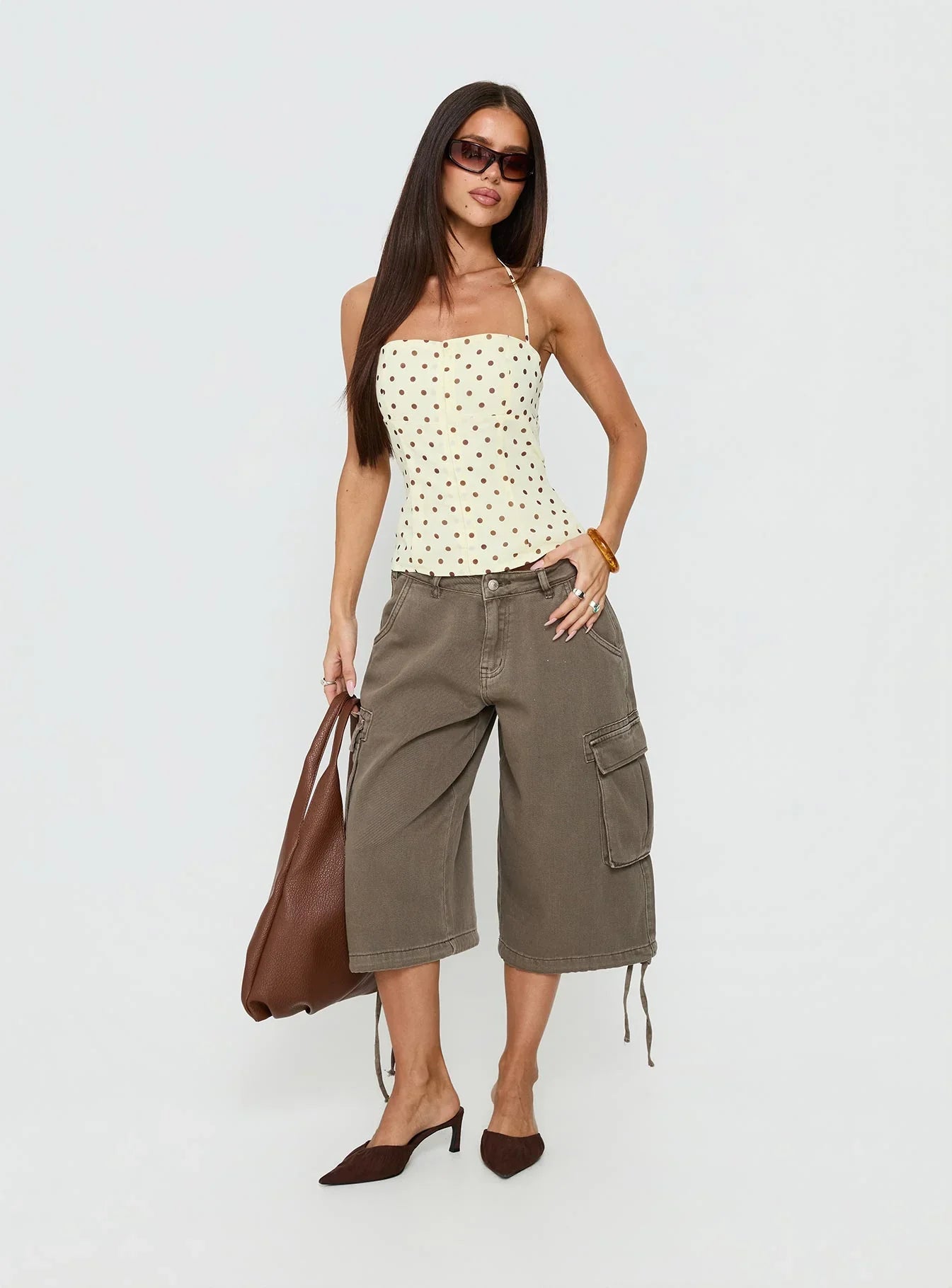 Bon Bon Tie Neck Top Yellow Brown Polka