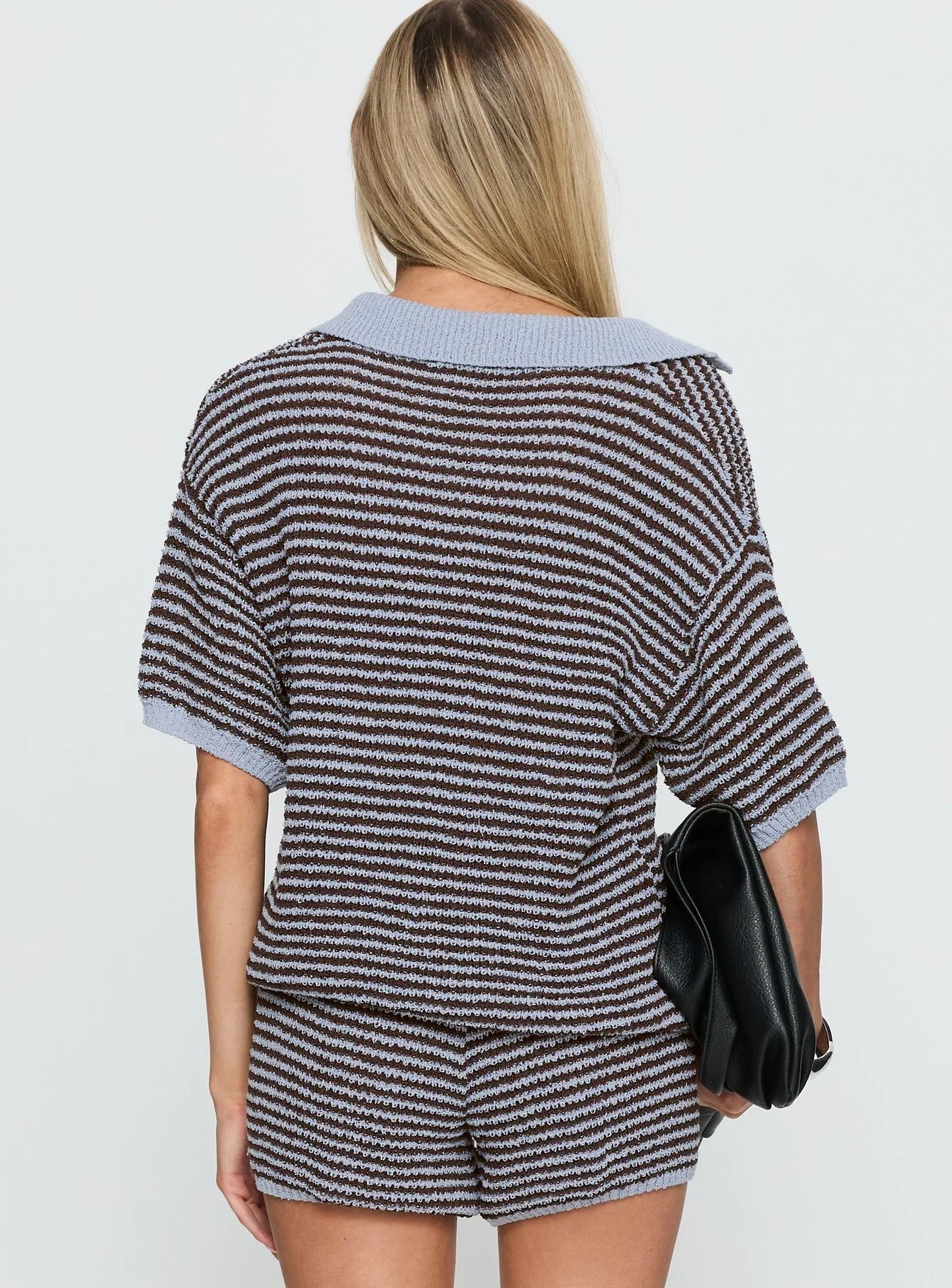 Serenique Collared Short Sleeve Knit Top Blue Chocolate