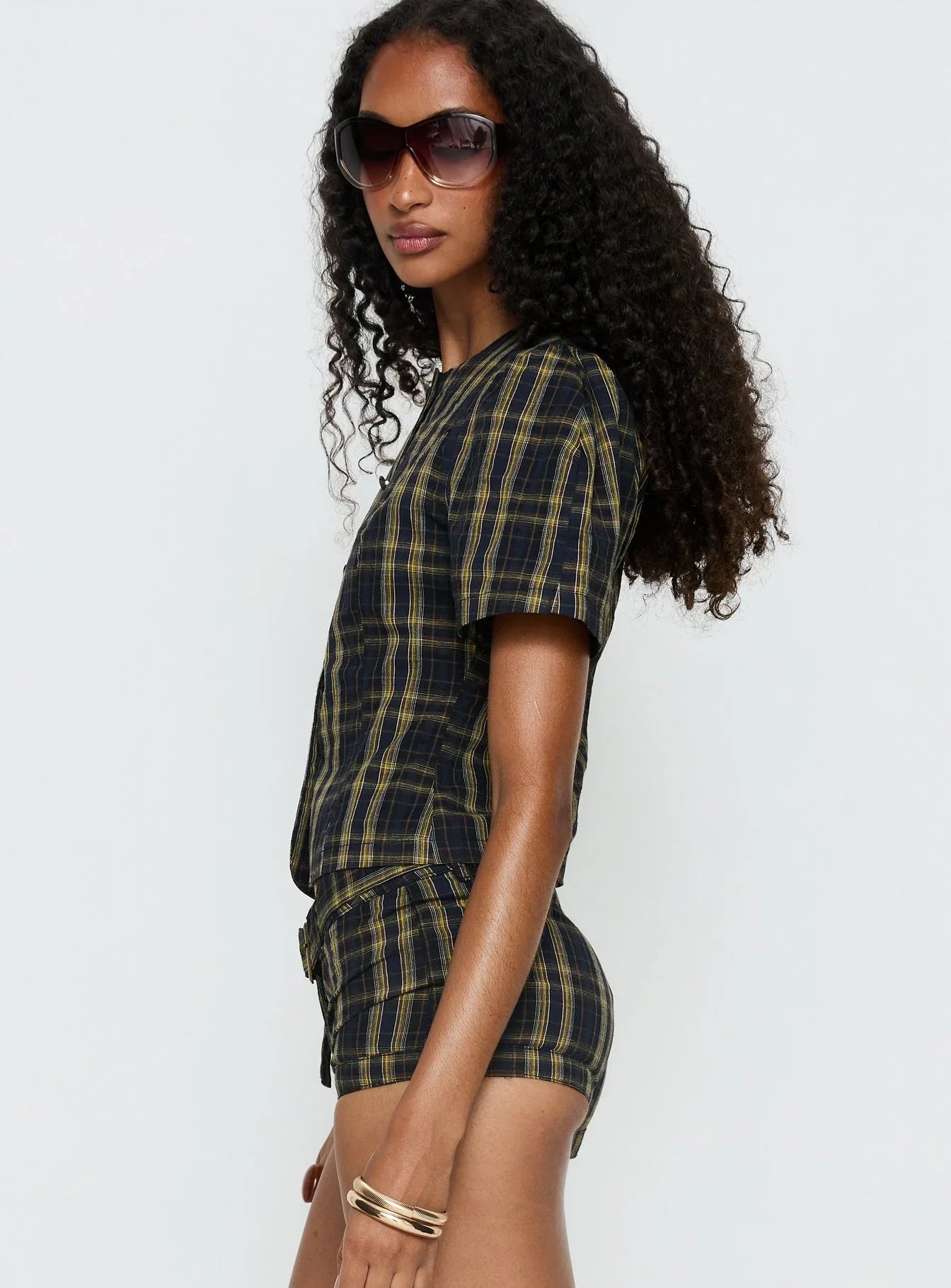 Femme Blouse Top Navy Lemon Plaid