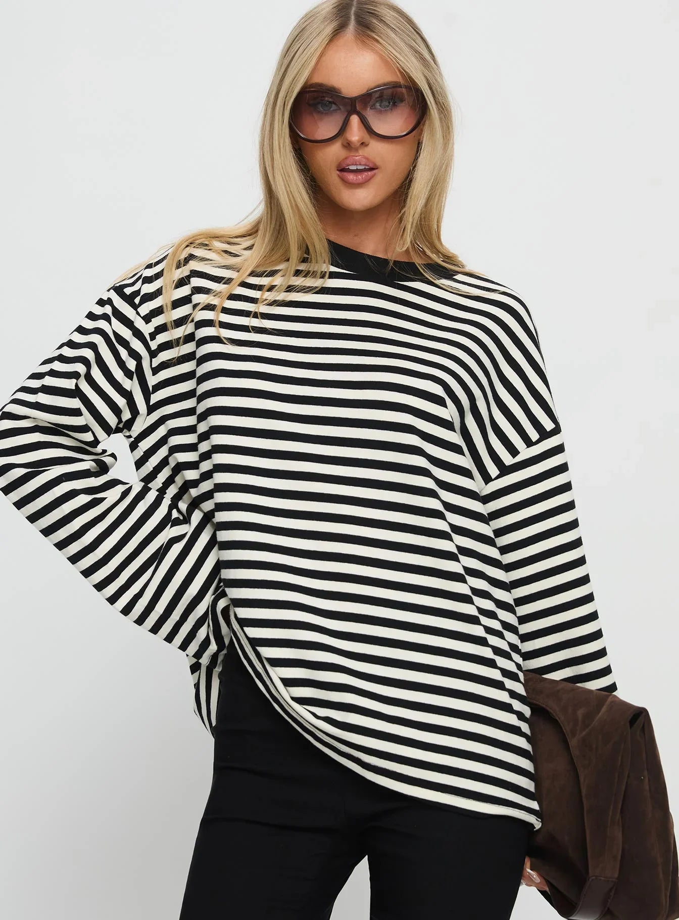 Settle Down Long Sleeve Top Black White Stripe