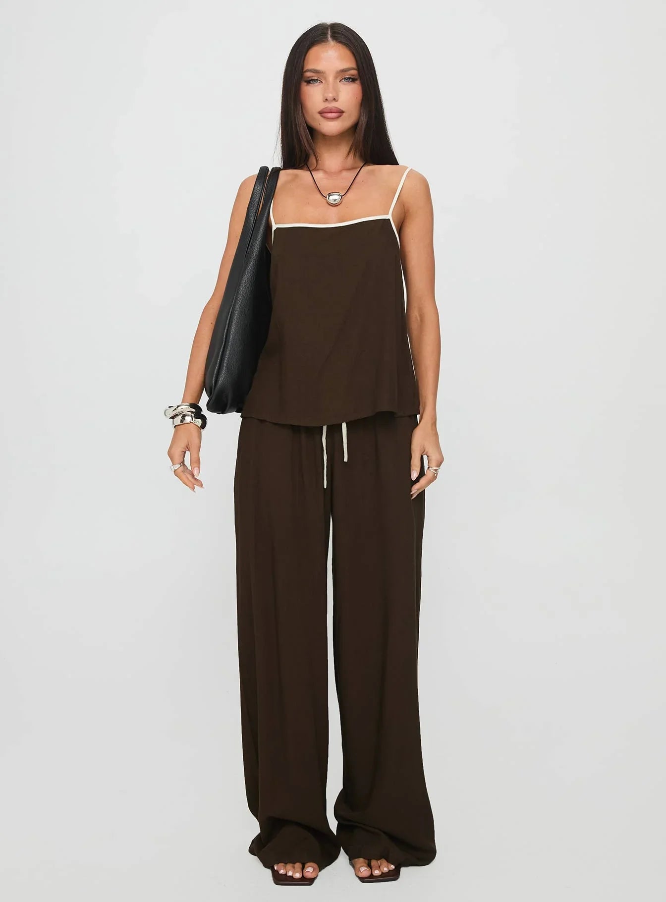 Nolei Contrast Pants Set Chocolate White