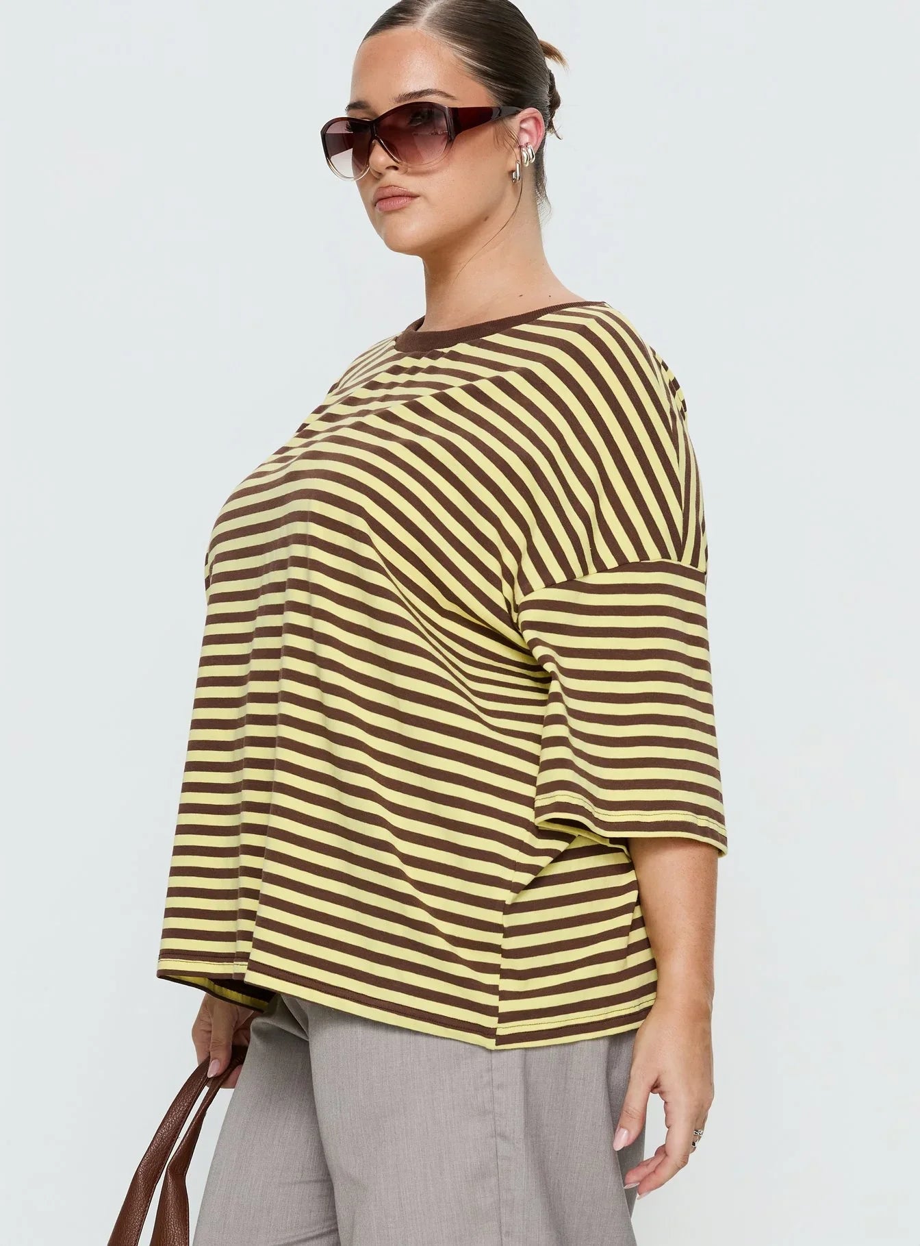 Settle Down Short Sleeve Top Yellow Brown Stripe Curve