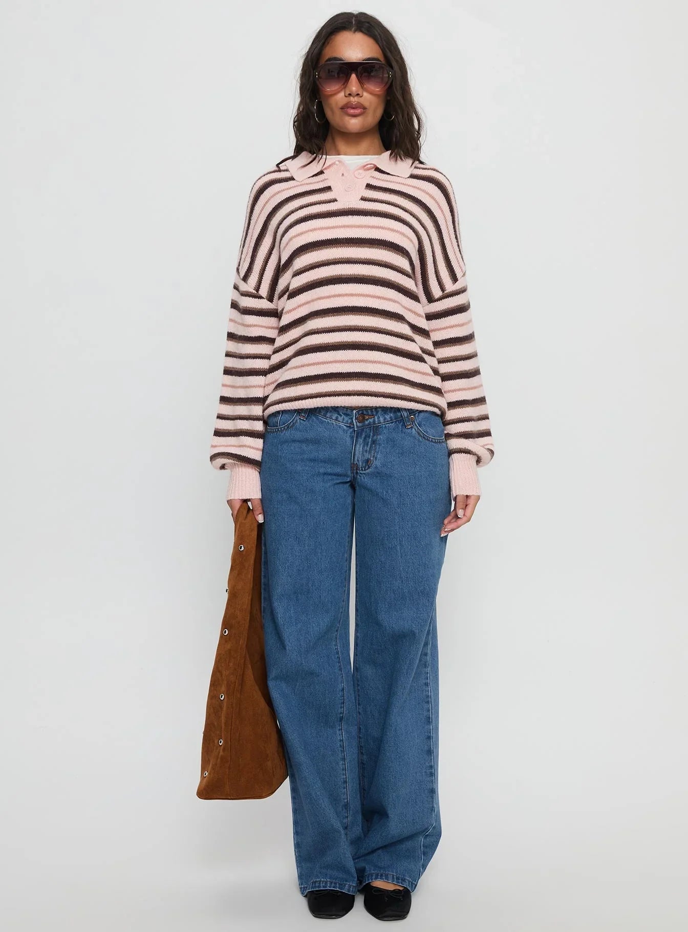Jeanny Collared Knit Sweater Brown Pink Stripe