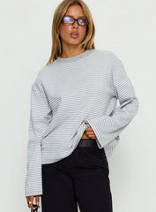 Settle Down Long Sleeve Top Grey White Stripe