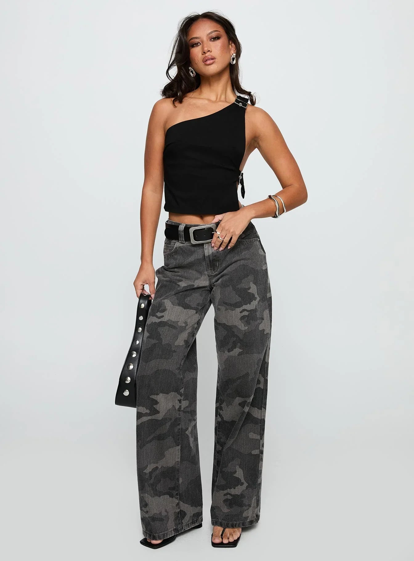 Buckled Down One Shoulder Top Black