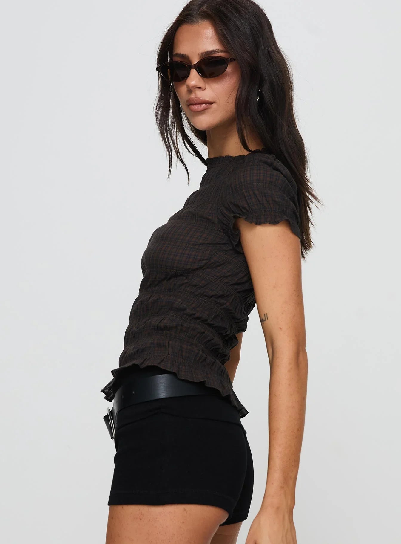 Romelle Shirred Top Black Brown Plaid