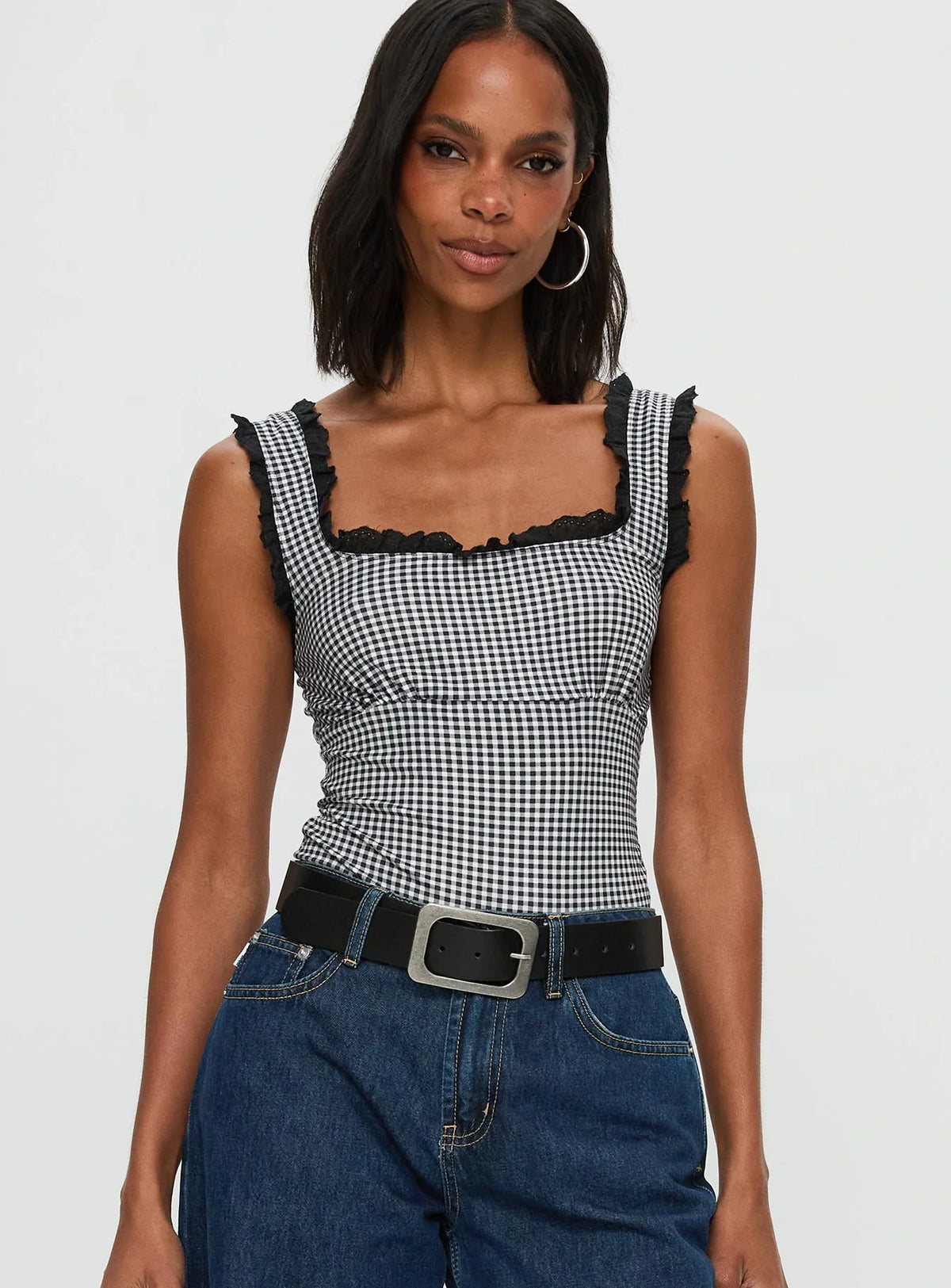 Trustfund Lace Trim Bodysuit Black White Check